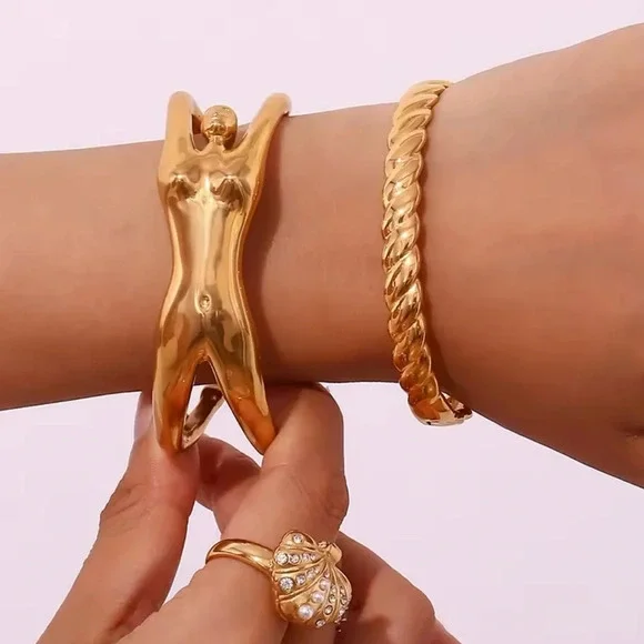 Artful Sculptural Women Body 18K Gold Stainless Steel Cuff Bracelet” - Picture 4 of 17